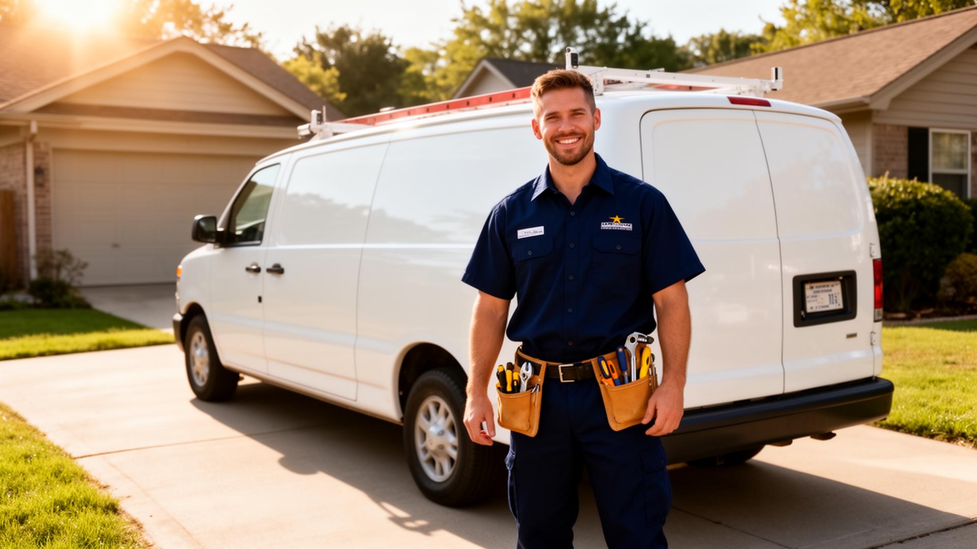 Friendly Plum Pro plumber in front of service van